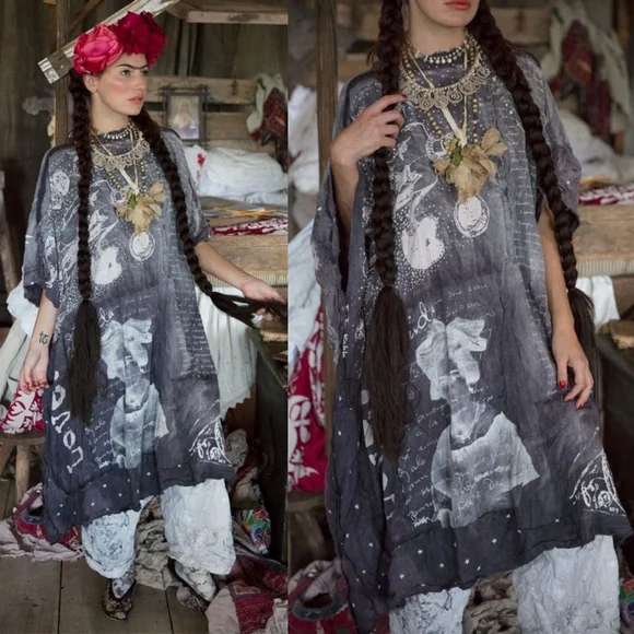 Rare Magnolia Pearl Frida Kahlo Jaya Kaftan Dress Ozzy Patchwork Artist Smock OS - Picture 1 of 17